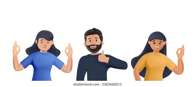 Happiness Emotions, Body Language 3D character. People Showing Positive Gestures. Happy Male and Female Characters Show Thumb Up, Ok Symbol, Victory, Yeah and Heart Gesturing. Cartoon People Vector 3D