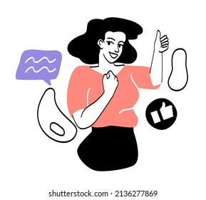 Emociones de felicidad y concepto abstracto del lenguaje corporal. Una mujer sonriente da el pulgar hacia arriba. Gestos positivos o de aprobación. Carácter femenino con contenido. Dibujo vectorial plano de dibujos animados en estilo de arte en línea