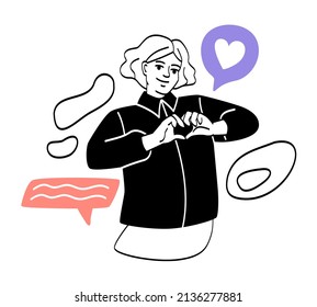 Emociones de felicidad y concepto de lenguaje corporal. La amable mujer muestra signos de corazón con sus dedos y sonrisas. Gesto positivo o declaración de amor. Dibujo vectorial plano de dibujos animados en estilo de arte en línea