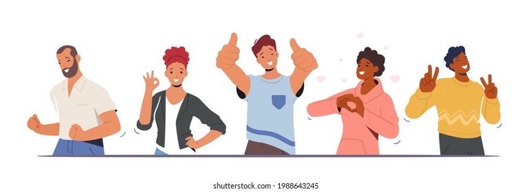 Happiness Emotions  Body Language  People Showing Positive Gestures  Happy Male   Female Characters Show Thumb Up  Ok Symbol  Victory  Yeah   Heart Gesturing  Cartoon People Vector Illustration