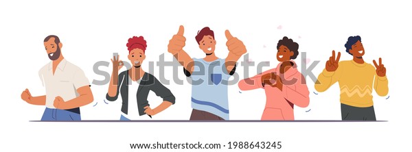 Happiness Emotions, Body Language. People\
Showing Positive Gestures. Happy Male and Female Characters Show\
Thumb Up, Ok Symbol, Victory, Yeah and Heart Gesturing. Cartoon\
People Vector\
Illustration