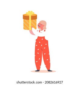 Happiness, Enjoyment Concept. Little Baby with Huge Gift in Hands, Happy Joyful Kid Got Present for Birthday or Christmas Holiday Celebration Isolated on White Background. Cartoon Vector Illustration
