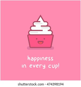 Happiness In Every Cup! (Frozen Yogurt With Smiley Face Line Art in Flat Style Vector Illustration Icon and Quote Poster Design)