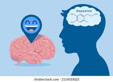 Happiness face icon on the brain. Chemical formula of the hormone dopamine in Human head. Illustration about Hormones that affect addiction.