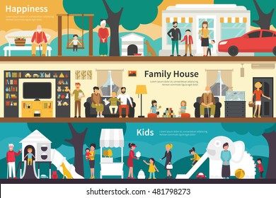 Happiness Family House Kids flat interior outdoor concept web