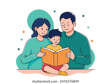 Happiness  family  Parent read book with child happily at home. Hand drawn style vector design illustrations.
