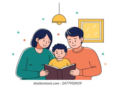 Happiness  family. Parent read book with child happily. Hand drawn style vector design illustrations.
