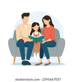 Happiness family Parent read book with child happily at home. Mother, father and kids learning together. Childs education by mom and dad. Flat vector illustration isolated on white background