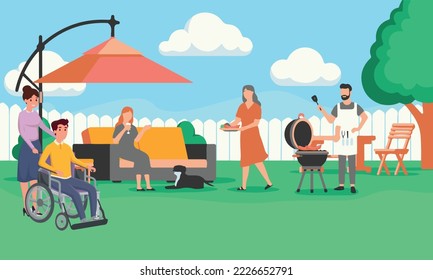 Happiness of the family who barbecues in the gardens and the disabled family member