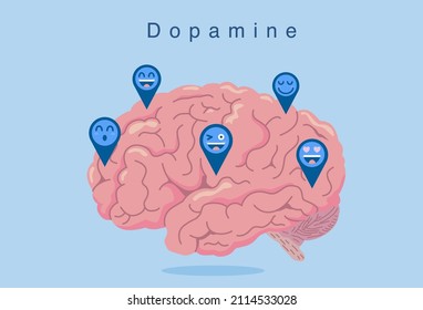 Happiness feeling icon with a pin on the brain. Concept illustration about Hormones in the nerve system of the brain that affect happiness and addiction.