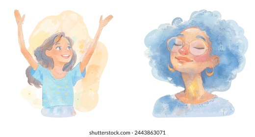 happiness feeling woman watercolour vector illustration 