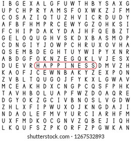 Happiness. Find the word in the word puzzle. Word game. Vector illustration.