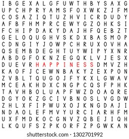 Happiness. Find the word in the word puzzle. Word game. Seamless pattern with letters. Vector illustration.