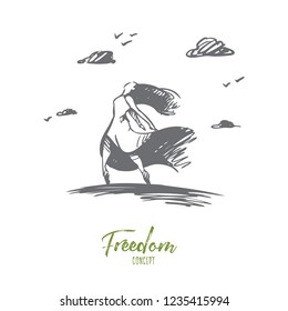 Happiness and freedom concept. Hand drawn woman in long dress dancing outdoors isolated vector illustration. Isolated vector illustration.