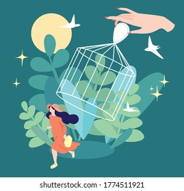 Happiness from freedom. Life after quarantine. The way out of self-isolation. Free yourself from all problems. The girl in a beautiful dress joyfully runs. Be yourself. Print. Vector illustration. 