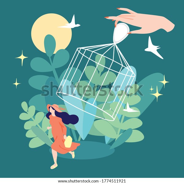 Happiness from freedom. Life after quarantine. The way\
out of self-isolation. Free yourself from all problems. The girl in\
a beautiful dress joyfully runs. Be yourself. Print. Vector\
illustration. 