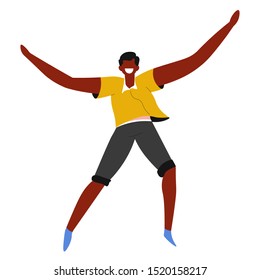 Happiness, freedom and motion, laughing man, isolated male character vector. Smiling young african guy jumping in air with raised hands. Happy, positive, joyful boy in shirt and shorts, star pose