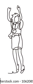 Happiness, freedom, motion and people concept - smiling young woman jumping in air over white background. Continuous line drawing. Vector monochrome, drawing by lines. sketch