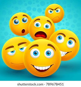 Happiness and friendship creative vector concept with yellow emoji icons. Smile face happy emoticon, emotion cartoon character illustration