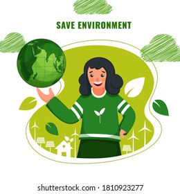 Happiness Girl Holding a Earth Globe with Scribble Clouds on Green and White Background for Save Environment Concept.