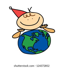 happiness girl think earth cartoon christmas hand drawn