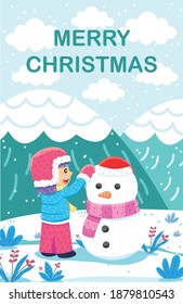 the happiness of a girl who is making a snow doll in winter. can be used as backgrounds, business cards, and all events related to Christmas and winter.