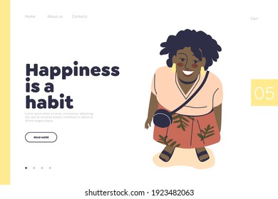 Happiness Is Habit Concept Of Landing Page With Young Beautiful African American Woman Looking Up. View From Above Of Cute Diverse Girl Happy Smiling. Cartoon Flat Vector Illustration