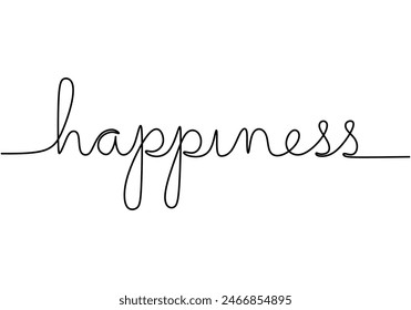 Happiness handwritten inscription. One line drawing of phrase hand writing calligraphy card lettering isolated on white background.