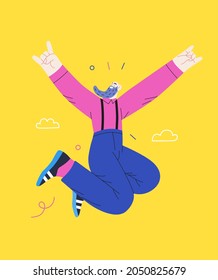 Happiness - happy bearded man jumping in the air cheerfully. Modern flat vector concept illustration of a happy jumping and dancing person. Feeling and emotion concept.