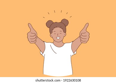 Happiness, happy childhood, positive emotion concept. Smiling cheerful girl african american standing and showing thumbs up signs with fingers over orange background vector illustration 