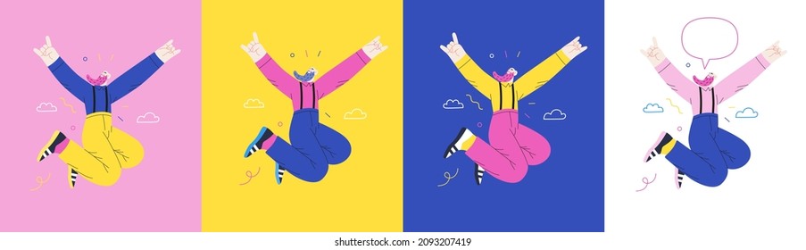 Happiness - happy elderly bearded man jumping in the air cheerfully. Modern flat vector concept illustration of a happy jumping and dancing person. Feeling and emotion concept.