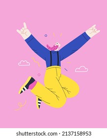 Happiness - happy elderly bearded man jumping in the air cheerfully. Modern flat vector concept illustration of a happy jumping and dancing person. Feeling and emotion concept.