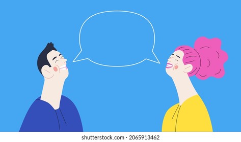 Happiness - happy smiling young man and woman portrait. Modern flat vector concept illustration of a speaking happy people. Feeling and emotion concept.