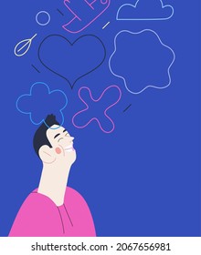 Happiness - happy smiling young man portrait. Modern flat vector concept illustration of a cheerful happy person. Feeling and emotion concept.