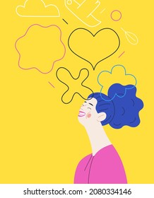 Happiness - happy smiling young woman portrait. Modern flat vector concept illustration of a speaking happy person. Feeling and emotion concept.