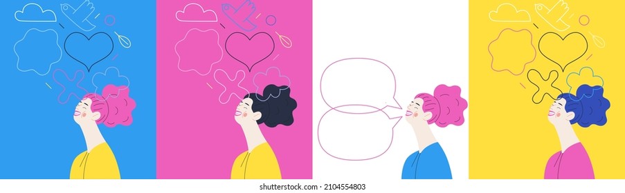 Happiness - happy smiling young woman portrait. Modern flat vector concept illustration of a speaking happy person. Feeling and emotion concept.