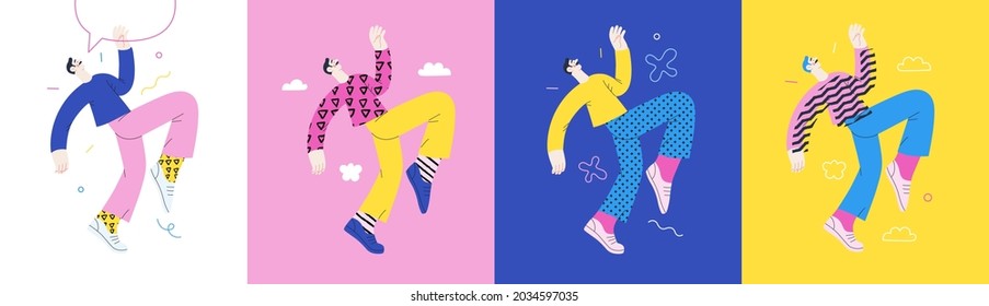 Happiness - happy young man jumping in the air cheerfully. Modern flat vector concept illustration of a happy jumping and dancing person. Feeling and emotion concept.