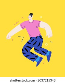 Happiness - happy young man jumping in the air cheerfully. Modern flat vector concept illustration of a happy jumping and dancing person. Feeling and emotion concept.
