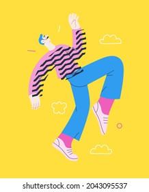 Happiness - happy young man jumping in the air cheerfully. Modern flat vector concept illustration of a happy jumping and dancing person. Feeling and emotion concept.