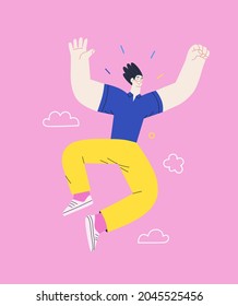 Happiness - happy young man jumping in the air cheerfully. Modern flat vector concept illustration of a happy jumping and dancing person. Feeling and emotion concept.