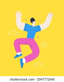 Happiness - happy young man jumping in the air cheerfully. Modern flat vector concept illustration of a happy jumping and dancing person. Feeling and emotion concept.