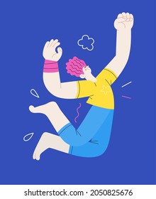 Happiness - happy young man jumping in the air cheerfully. Modern flat vector concept illustration of a happy jumping and dancing person. Feeling and emotion concept.