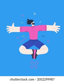 Happiness - happy young man jumping in the air cheerfully. Modern flat vector concept illustration of a happy jumping and dancing person. Feeling and emotion concept.