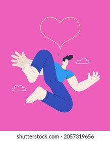Happiness - happy young man jumping in the air cheerfully. Modern flat vector concept illustration of a happy jumping and dancing person. Feeling and emotion concept.