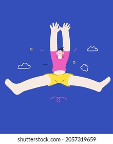 Happiness - happy young man jumping in the air cheerfully. Modern flat vector concept illustration of a happy jumping and dancing person. Feeling and emotion concept.