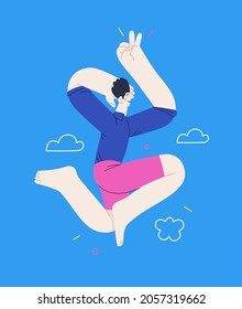 Happiness - happy young man jumping in the air cheerfully. Modern flat vector concept illustration of a happy jumping and dancing person. Feeling and emotion concept.