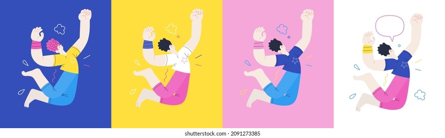 Happiness - happy young man jumping in the air cheerfully. Modern flat vector concept illustration of a happy jumping and dancing person. Feeling and emotion concept.