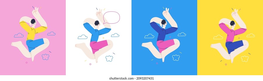Happiness - happy young man jumping in the air cheerfully. Modern flat vector concept illustration of a happy jumping and dancing person. Feeling and emotion concept.