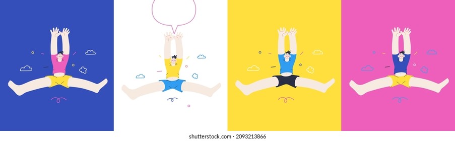 Happiness - happy young man jumping in the air cheerfully. Modern flat vector concept illustration of a happy jumping and dancing person. Feeling and emotion concept.