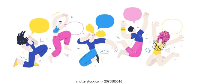 Happiness - happy young man and woman jumping in the air cheerfully. Modern flat vector concept illustration of a happy jumping and dancing person. Feeling and emotion concept.